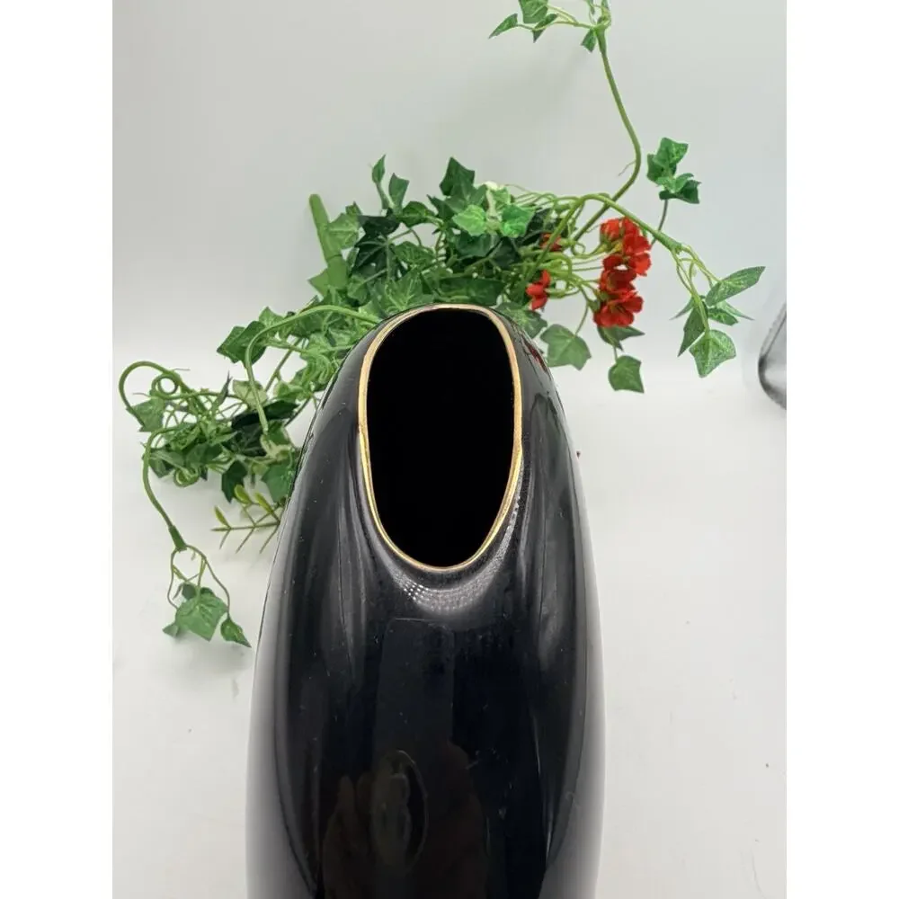 Vintage Otagiri Black Vase Crimson Red Rose Round Disc Shape Japan.